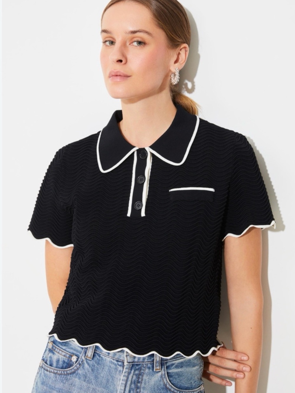 SUNCOO Black Polo Top with White Trim